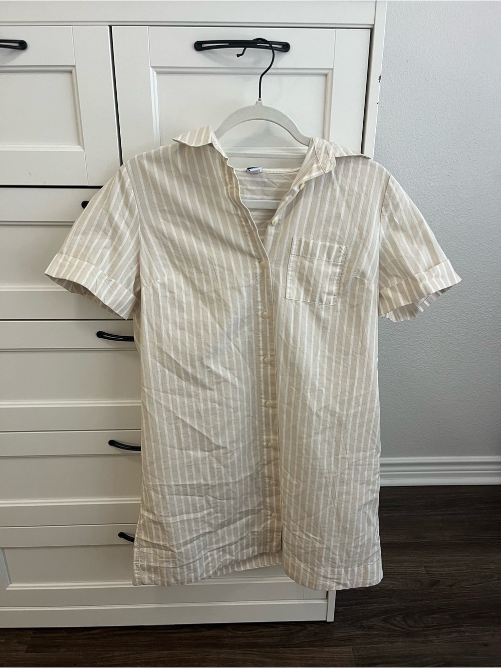 Old Navy Beige and White Striped Botton Down Dress